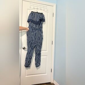 Stylish Blue Strapless Striped Jumpsuit